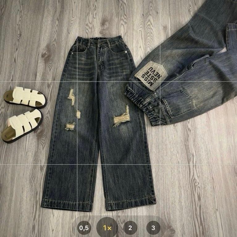  | S063 |- Quần jean suông nữ  Lưng Thun Rách Túi Mis  dáng 9 tấc dài 94 cm ống 26 cm không co giãn Women Pants Denim 