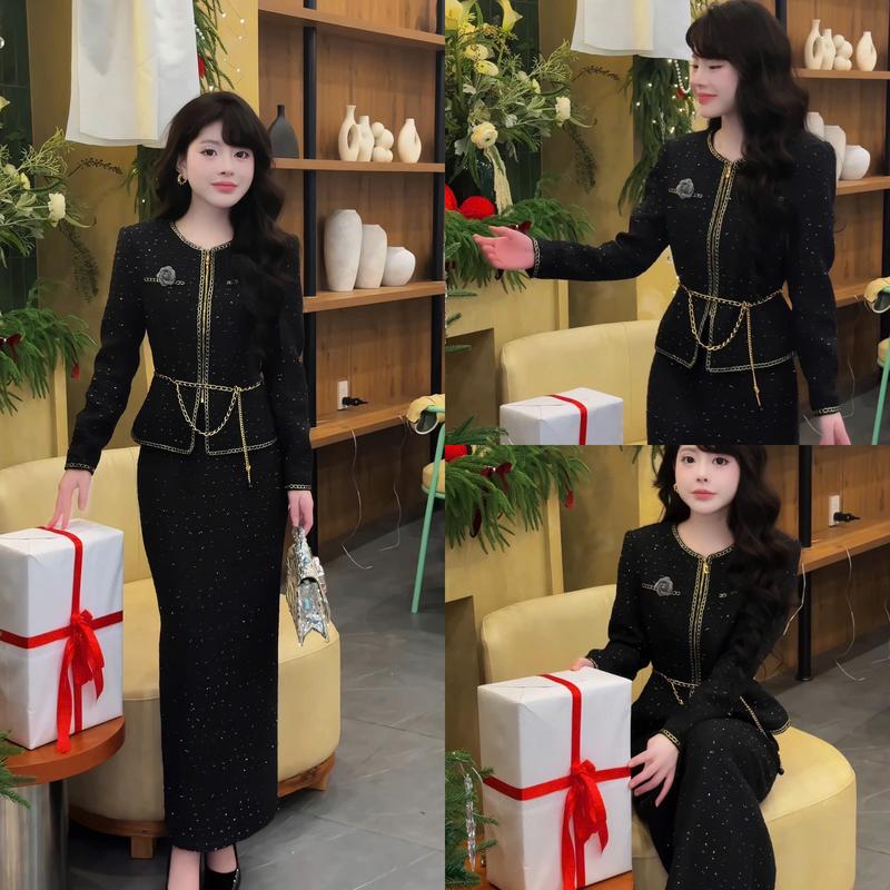   HÀNG CÓ SẴN  A63 Set dạ  áo và chân váy  áo kéo khoá trước kèm chân váy bút chì dài - Set đồ nữ đẹp 