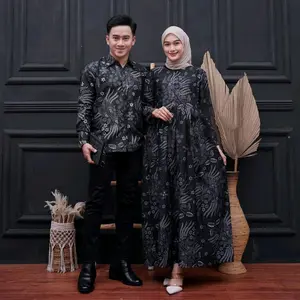 Set Baju Couple Batik Pria Lengan Panjang Gamis Wanita Seragam Pasangan Kondangan Pesta Muslim Sarimbit Dress Motif