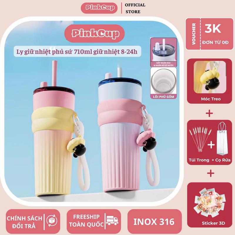 Ly giữ nhiệt Candy tráng gốm sứ cốc giữ nhiệt lõi Inox 316 cao cấp Dung tích 710ml có ống hút tiện lợi Tặng sticker Túi trong móc treo