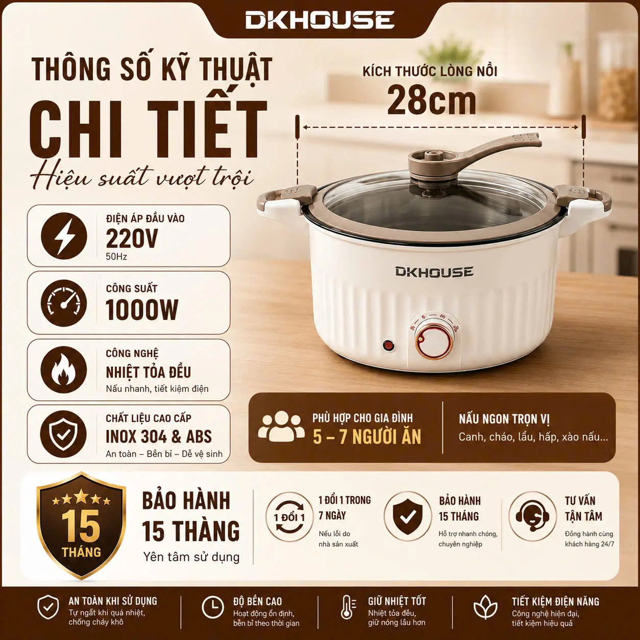 Nồi Áp Suất Đa Năng 28cm Không Vỉ Hấp DK HOUSE Dung Tích 5L, Nồi Hầm Đa Năng Công Suất 800W 4 Chế Độ Siêu Bền