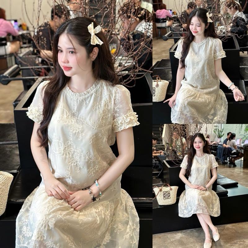 Đầm bầu Anis tơ thêu tay bèo cổ xếp form đuôi cá thanh lịch cho mẹ mang cả bầu và sau sinh đi làm đi tiệc sang trọng mang Tết