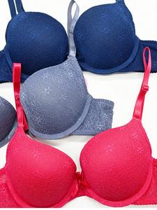 BR6035C *3 PIEZAS DE Brasieres Para Mujer Copa  C (3 Piezas en Colores Pre-seleccionados) - DIseño: Encaje Bordado