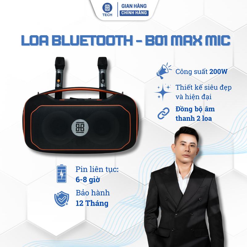 [Bản Mới Có 2 Mic] Loa Bluetooh B01 Max Công Suất 200W Bass Mạnh, Dung Lượng Pin 24000mAh, Kèm 2 Mic Không Dây, Hỗ Trợ Kết Nối Cổng USB, Thẻ Nhớ, AUX, Bluetooh 5.3, Phát Nhạc Lên Đến 8h – Bảo Hành 12 tháng
