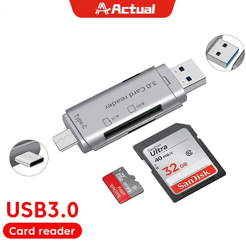 【COD】Actual Pembaca Kartu 4 in 1 Kecepatan Tinggi Cerdas 3.0 Logam Tipe C / Micro USB / Kartu SD / Kartu Memori TF Baca Adaptor OTG Komputer Flashdisk Multifungsi Pc card  reader  usb  type  c card  reader  android Computer
