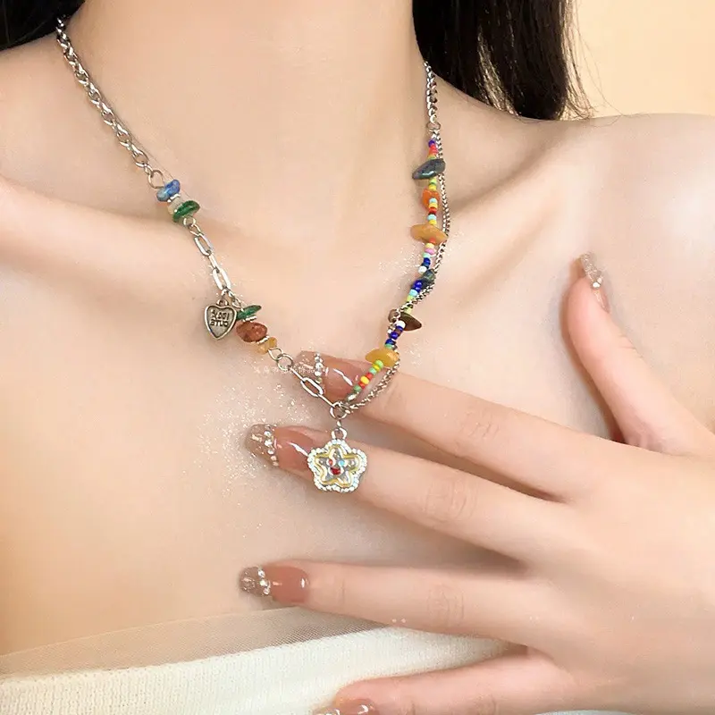 【zhamus】Irregular Colorful Flower Pendant Natural Stone Beaded Collarbone Necklace