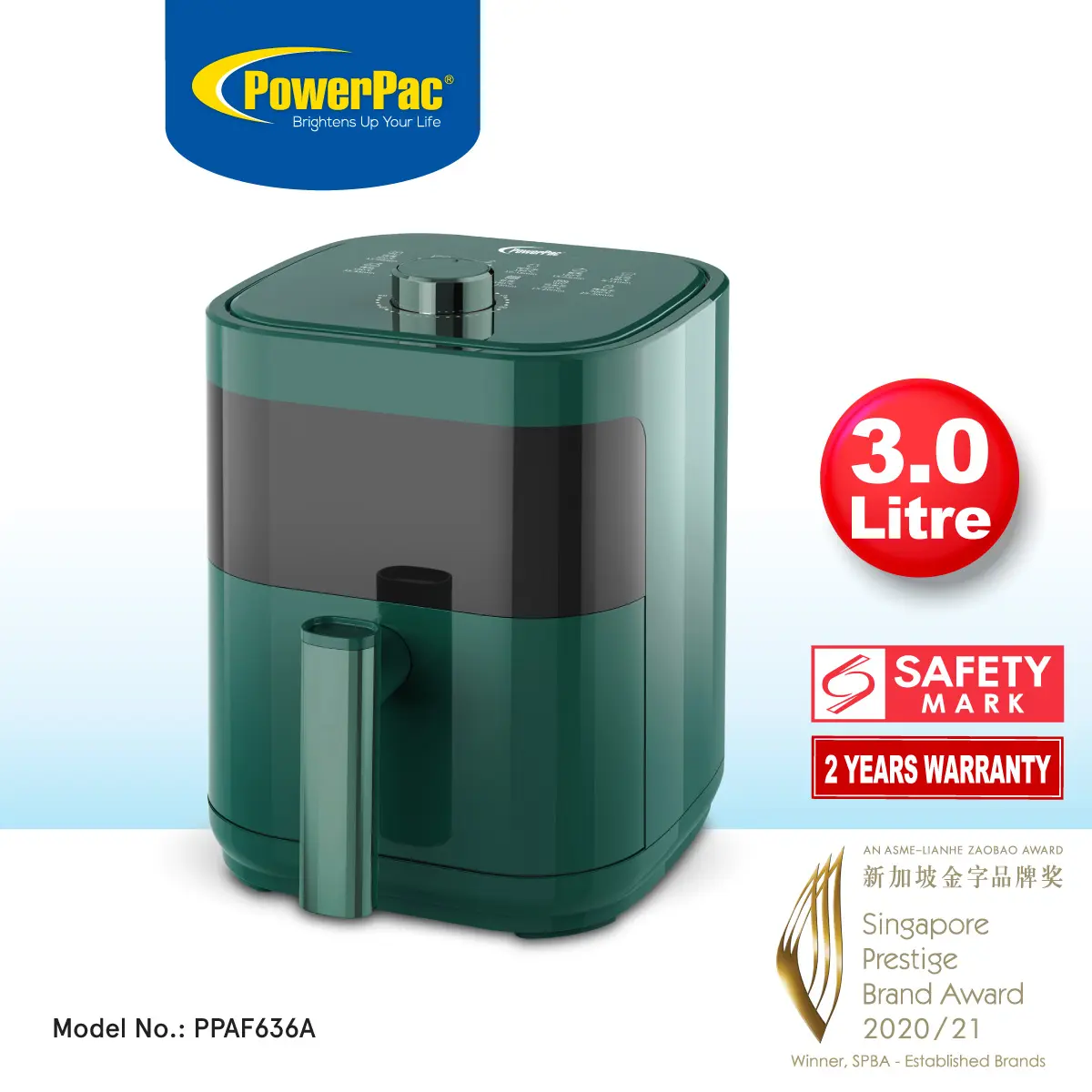 PowerPac Air Fryer 3.0L with Large Window, Mini Air Fryer, Air Fryer for Reheating (PPAF636A)