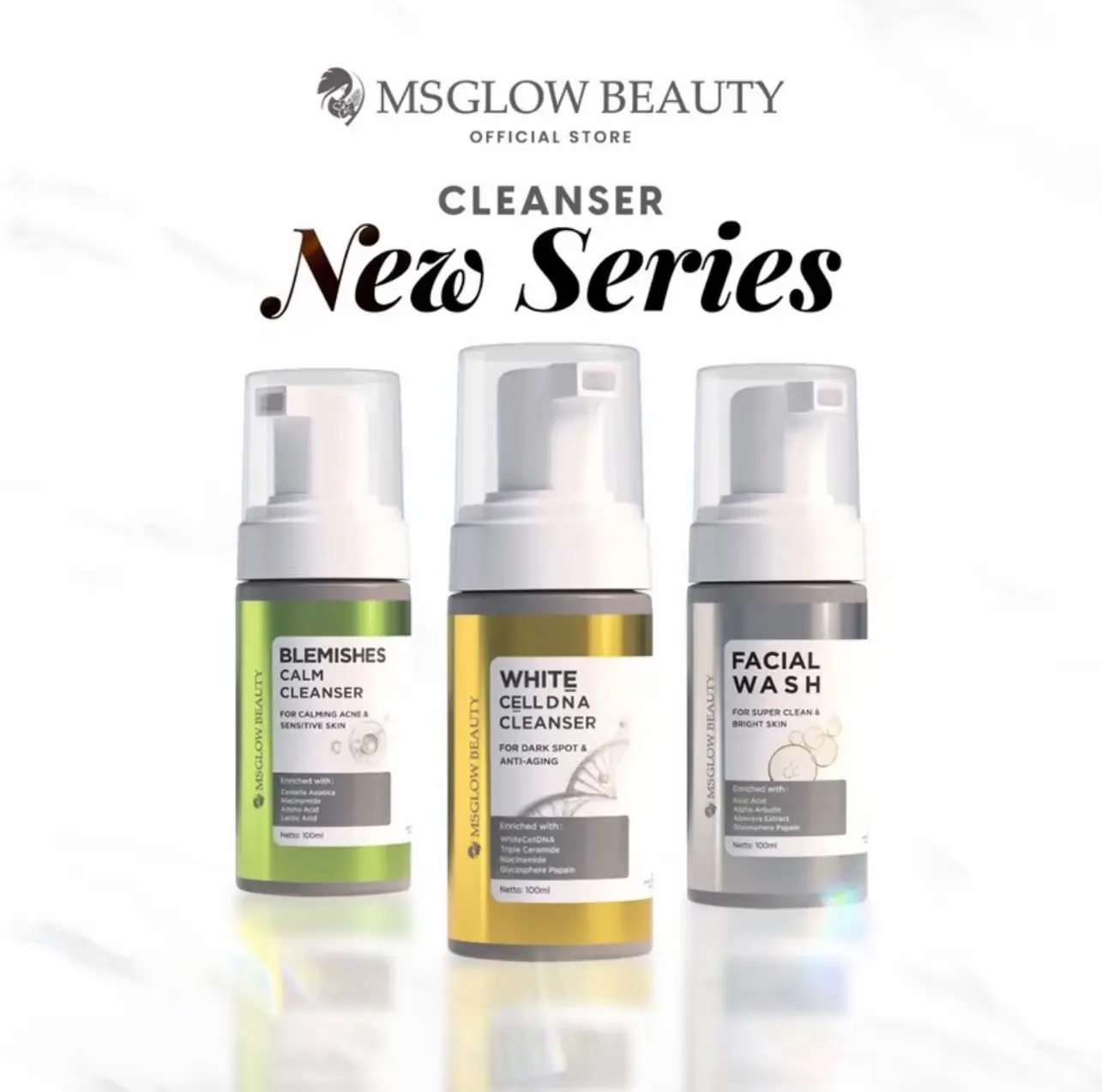 MS GLOW NEW SERIES CLEANSER 100 ML - FACIAL WASH - WHITE CELL DNA CLEANSER - BLEMISHES CALM CLEANSER