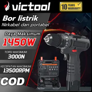 Victool Bor Listrik Cordless Drill Mesin Bor Baterai Tangan Nirkabel Portabel 1450W 3000N 13500RPM Dengan 25 Level Penyesuaian