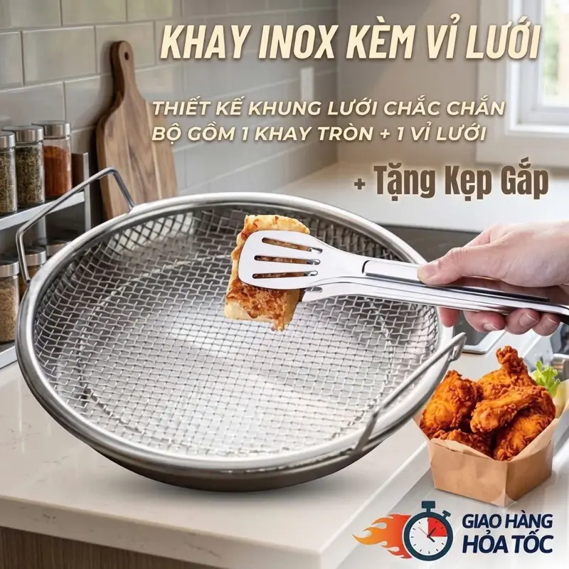 (TẶNG KẸP) Set khay đĩa tặng kèm vỉ lưới 20cm lọc dầu chất lượng Inox cao cấp, khay lọc chiên dán đa năng 20cm.