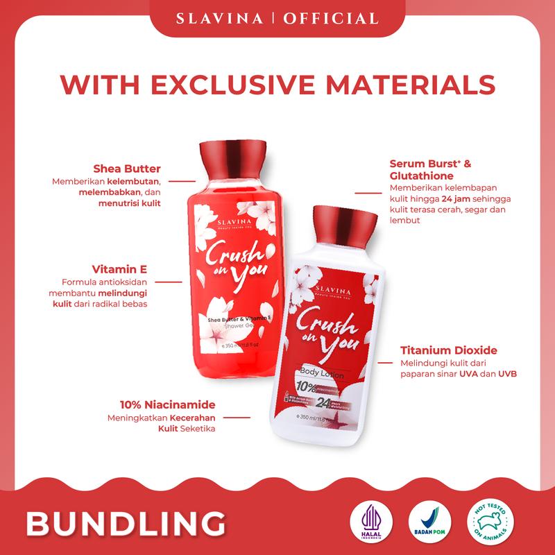 SLAVINA Crush On You Body Care Body Lotion dan Shower Gel by Nagita Slavina Moisturizer dan Sabun Mandi Cair 350ml Perawatan Tubuh dan Tangan Memutihkan Kulit Kering Dengan Glutathione + Vitamin 1