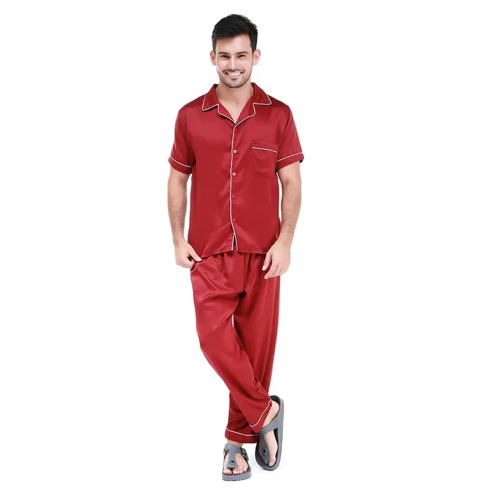 Hamlin Klicin Setelan Baju Tidur Pendek Piyama Pria Plain One Set Sleepwear Pajamas Material Satin ORIGINAL - Maroon