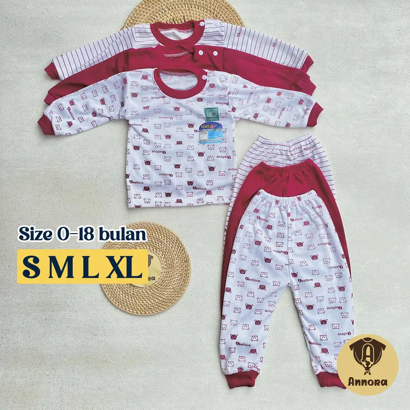 Annora Baby Isi 3 Setelan Bayi S M L XL usia 3-18 Bulan Piyama Bayi Laki Laki Perempuan Seri Marun Bear 3