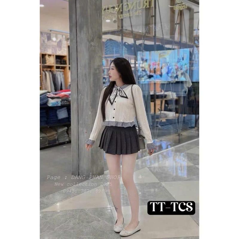   QIHO  Áo Len Nữ Sơ Mi Cổ Tàu Tặng Kèm Dây Nơ Xinh Chất Len 