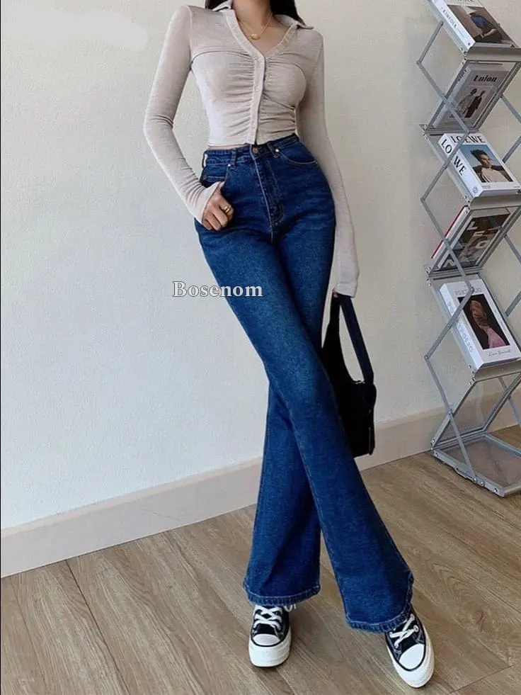 BOSENOM- Celana Highwaist Jins Cutbray Lipat Streetchy Loose Jeans Celana Jeans Wanita Cutbrat Polos Santai