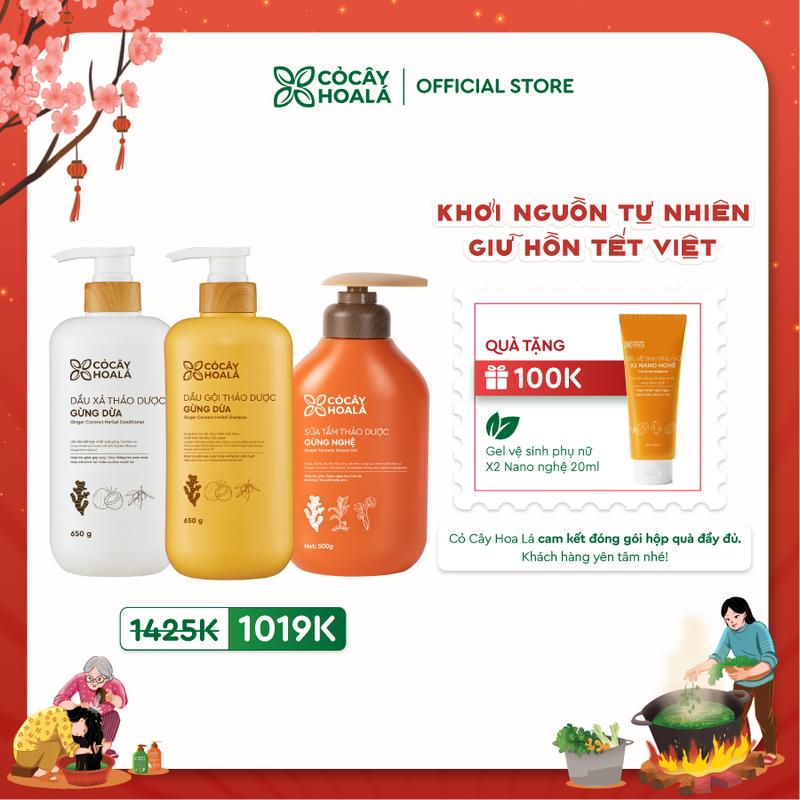 COMBO DỊU NHẸ BÊN MẸ Combo Dầu Gội Xả Thảo Dược Gừng Dừa Cỏ Cây Hoa Lá 650g & Sữa Tắm Thảo Dược Gừng Nghệ Cỏ Cây Hoa Lá 500g - Hỗ trợ dày tóc cải thiện tình trạng tóc gàu ngứa mang lại cảm giác ấm áp