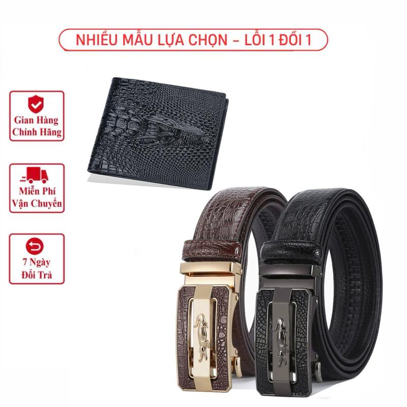    Tặng Ví Cá Sấu   Thắt Lưng Nam Da  Hai Lớp Vân Cá Sấu Cao Cấp Khóa Tự Động Ko Gỉ Dây Nịt có thể cắt 