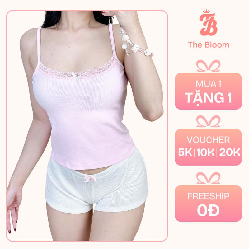 THE BLOOM TẶNG KẸP TÓC Set bộ ngủ thun mặc nhà dễ thương áo 2 dây viền ren đính nơ kèm quần đùi cạp thấp - SE005 Nhung Women Nữ bộ hai đồ macnha setdomac nhaxinh set bongu quyen ru