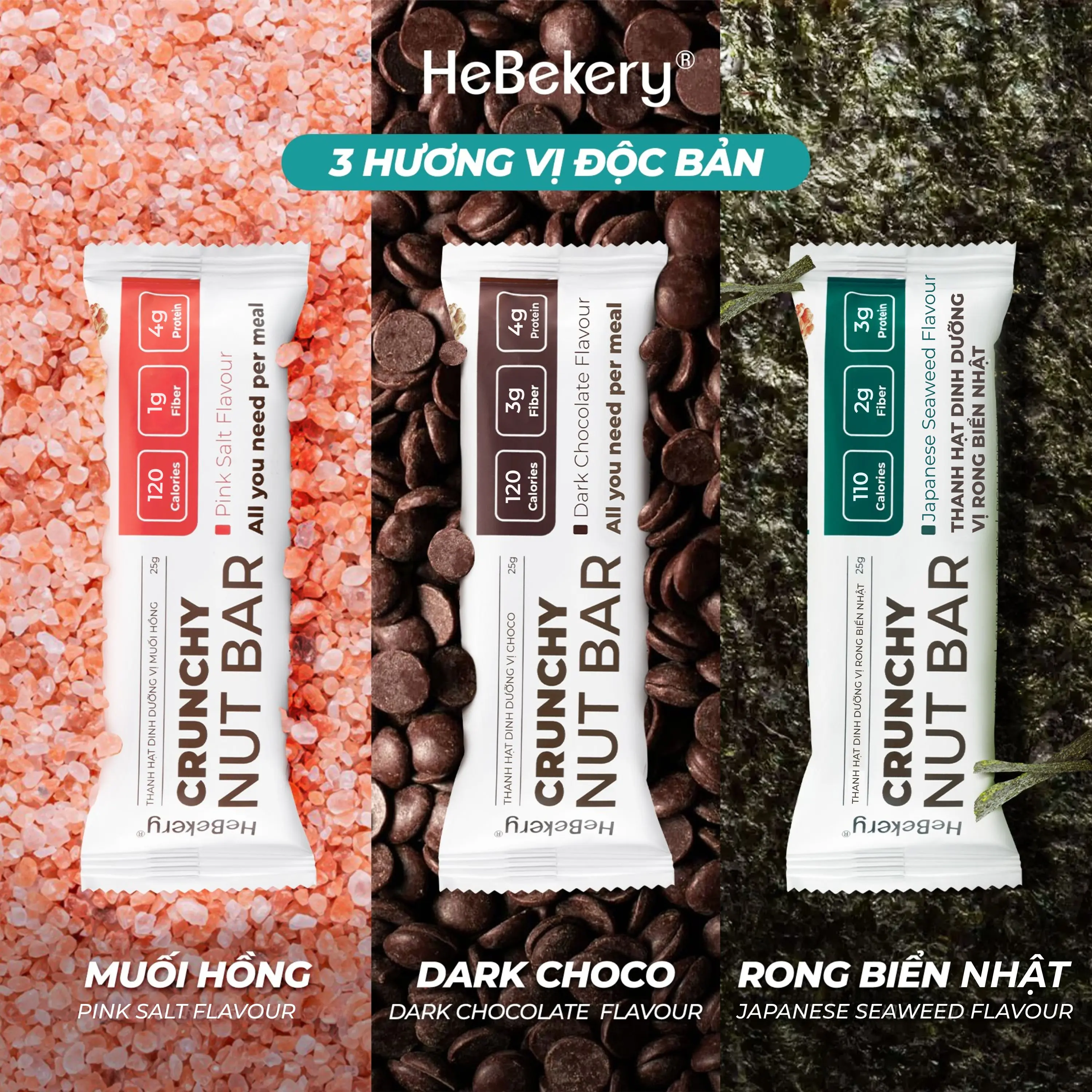 [Thanh Lẻ] Thanh Năng Lượng Siêu Hạt Phiên Bản Mới 3 Vị Muối Hồng, Choco, Rong Biển- Crunchy Nut Nutrition Bar Hebekery By Granola Hebe Snack Ăn Vặt Food Socola