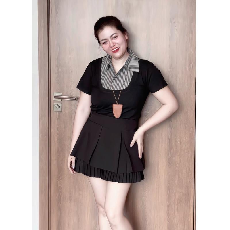 434 BIGSIZE Áo thun phối sơ mi áo polo nữ tạo kiểu cổ sơ mi kẻ sọc