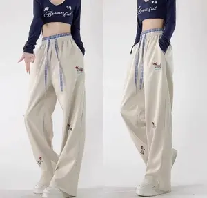 Celana Olahraga Wanita Gaya Korea Pinggang Tinggi Melangsingkan Sulaman Panjang