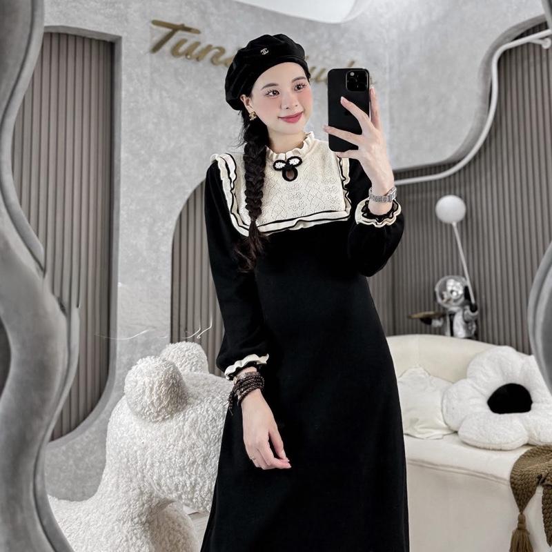 Mami.closet Váy xuông dáng chữ A phối cổ vuông viền bèo váy chất len gân co dãn tốt bầu mặc được.