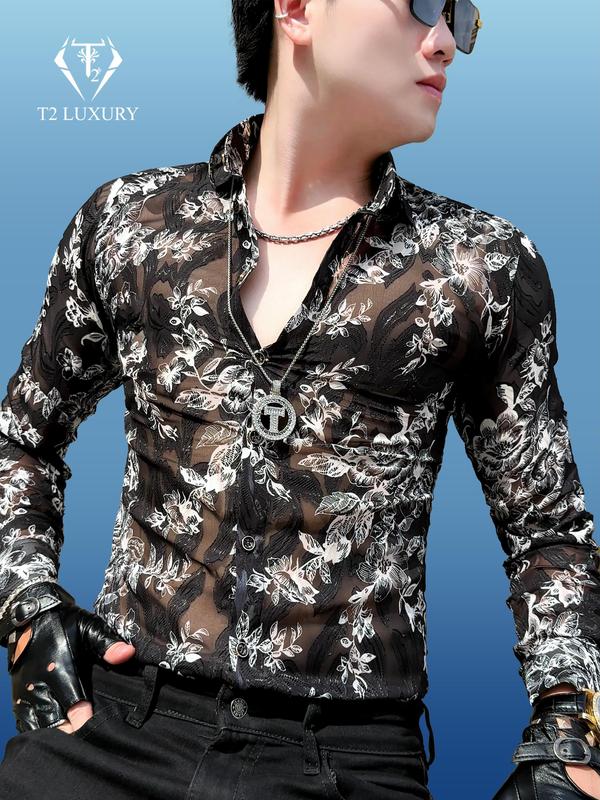 Sơ mi nam vải ren dệt hoa trà nổi thoáng mát phom áo ôm gọn phong cách sang trọng có dài và cộc Áo Menswear