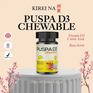 Puspa D3 Chewable 400 IU - Tablet Kunyah Rasa Jeruk - Memenuhi kebutuhan Vitamin D3 & tumbuh kembang tulang anak - MEMBANTU PERTUMBUHAN TULANG SEHAT  Isi 60 Tablet Kunyah / Botol