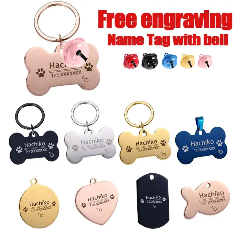 Free Customized Dog Tag With Bells Dog Collar Pendants Cat Tag Cat Collar Stainless SteelPet ID Tag Name Tag YP9