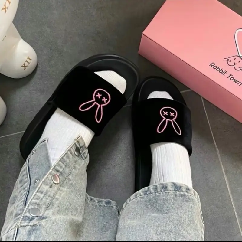 Dép Rabbit thêu nhung cute - đế Eva cao 4 phân - Vân đế chống trơn trượt - Dép lê Đế bằng Nhung