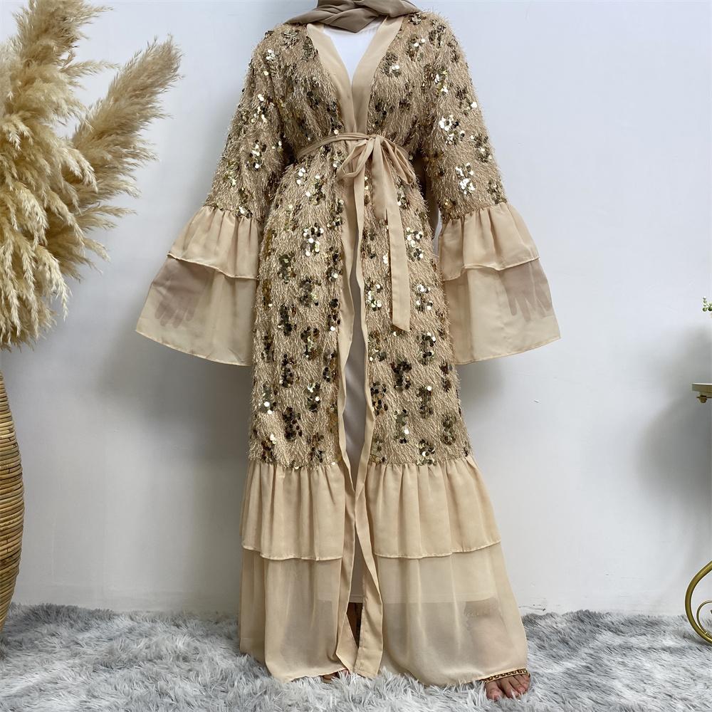 17370# Chiffon Luxury Tassel Sequins Open Abaya With 2 Layered Sleeve - CHAOMENG MUSLIM SHOP