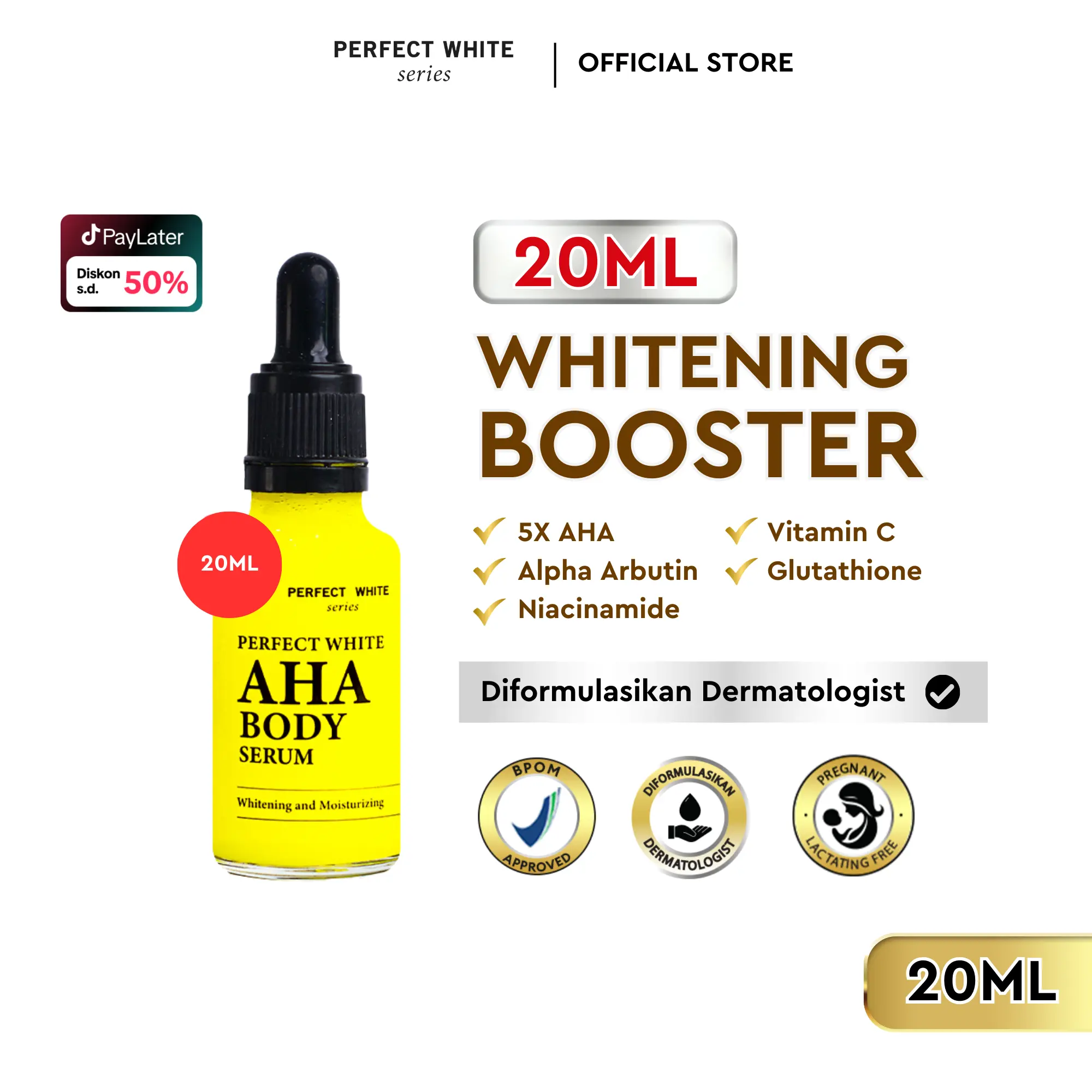 [20ml] PERFECT WHITE AHA Body Serum Whitening and Moisturizing 20ml | Campuran Hand Lotion Body Serum Pencerah Mencerahkan dan Pemutih Tubuh Memudarkan Noda Hitam [DC]