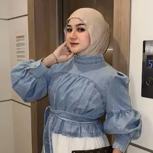 ATASAN CROP JEANS PREMIUM WANITA BLOUSE PITA LENGAN BALON