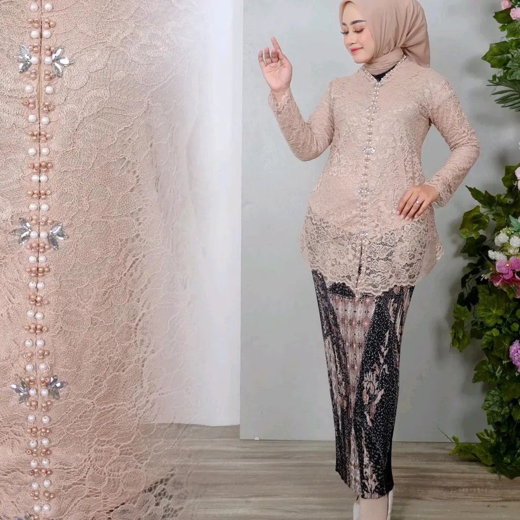 Atasan Kebaya Encim Brokat Payet Wanita dengan Seleting Depan dan Aksesoris Payet Glamor - Ecim Brukat Payet - Cantik, Baju Jumbo xxxl