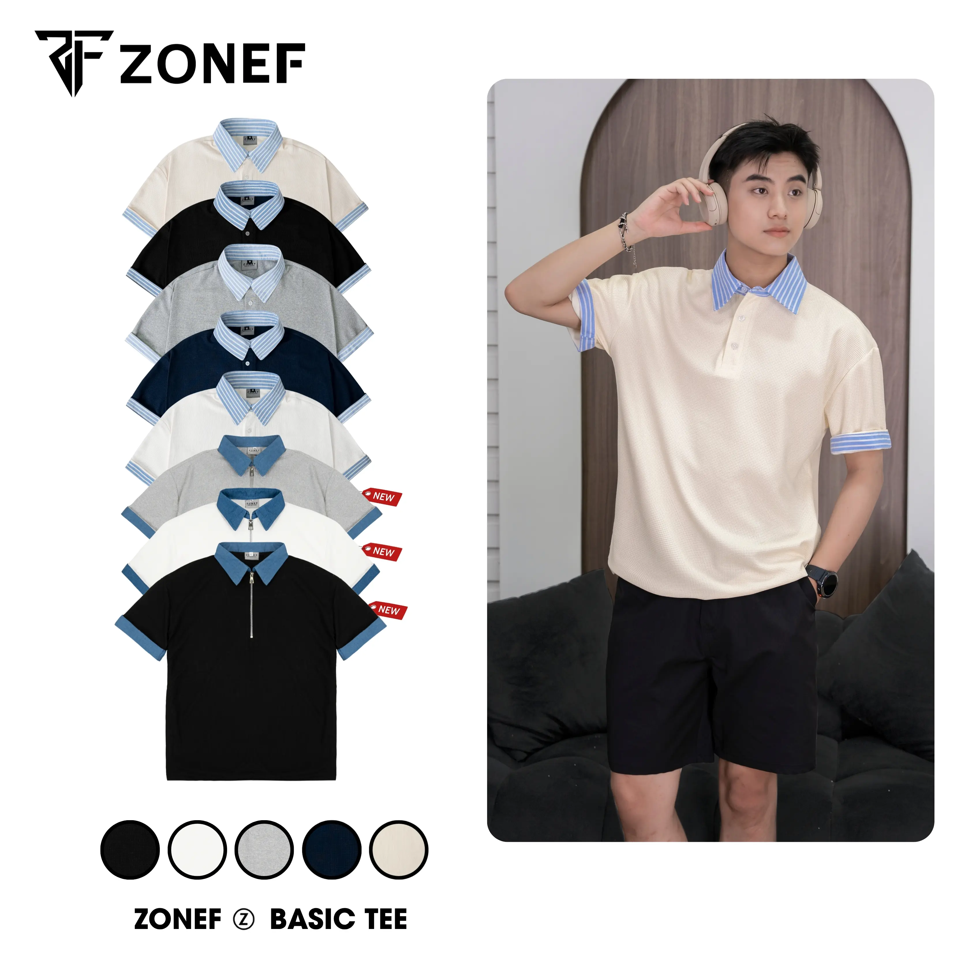 Áo Polo ngắn tay phối sơ mi kẻ sọc xanh by ZONEF, Polo cổ bẻ nam nữ Unisex, vải Cotton tổ ong cao cấp thoáng mát năng động