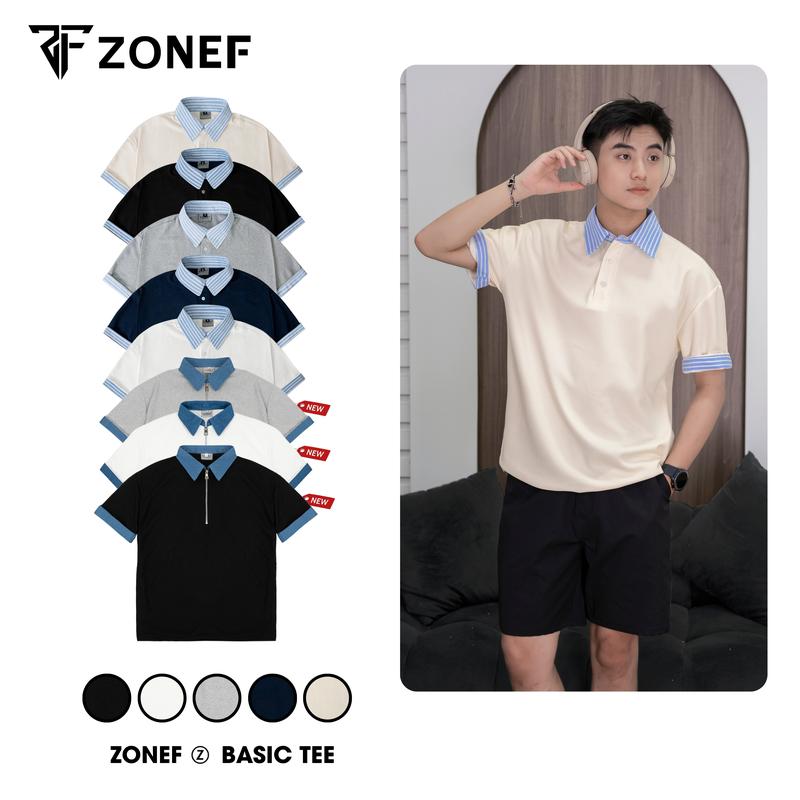 Áo Polo ngắn tay phối sơ mi kẻ sọc xanh by ZONEF, Polo cổ bẻ nam nữ Unisex, vải Cotton tổ ong cao cấp thoáng mát năng động
