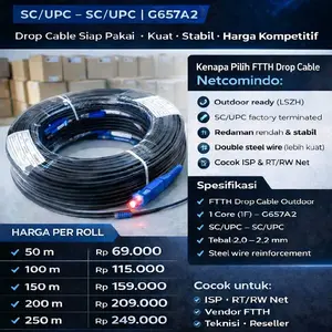 Netcomindo Kabel Fiber Optic FTTH Siap Pakai 250 m untuk Instalasi Outdoor G657A2 SC/UPC Koneksi Stabil dan Praktis