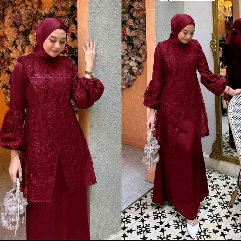Gamis Farah / Maxi brukat / Muslim Wanita  Tile  Mutiara  Dress   Karet  Pesta  Mewah  Dalaman  Fit UK L DAN XL Kondangan Coklat Brokat Gaun 8