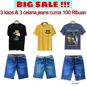 PAKET HEMAT 100 RB DAPAT 3 KAOS + 3 CELANA JEANS PENDEK