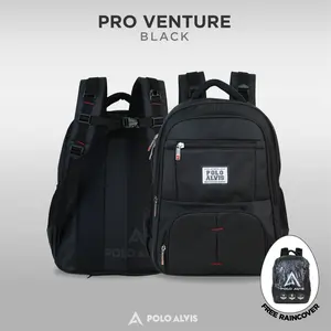 POLO ALVIS - Pro Venture Tas Ransel Formal Pria Kerja Kuliah 20 inch Hitam Slot laptop Rain Coat Banyak Ruang Nylon