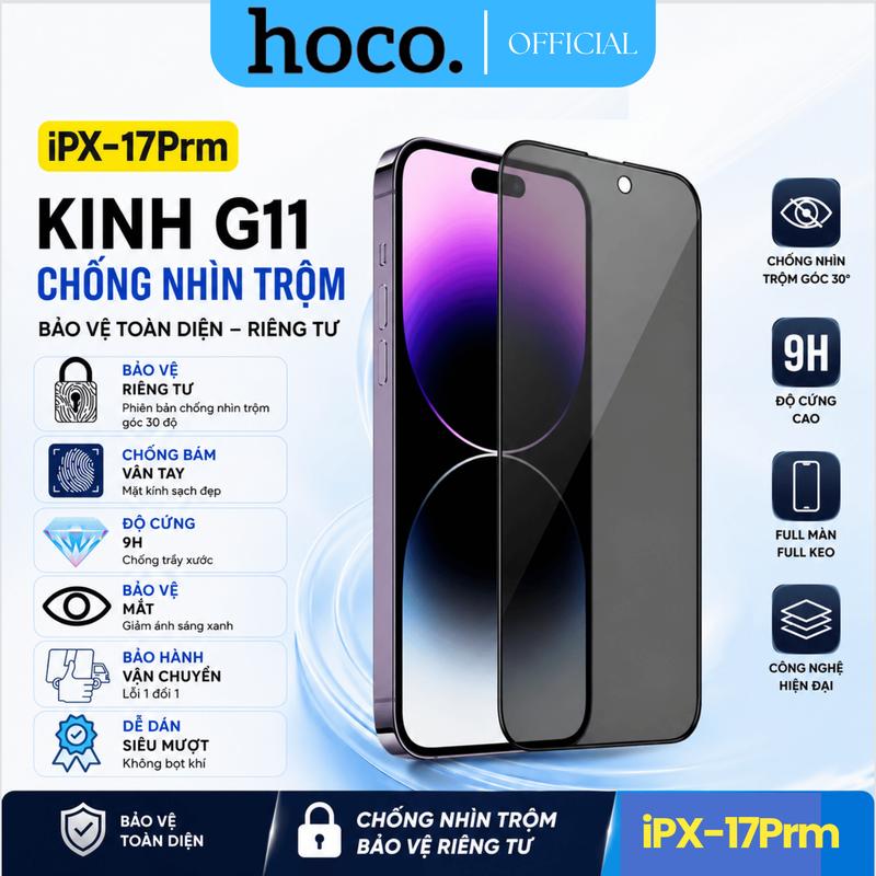 Kính Cường Lực Chống Nhìn Trộm Góc 30 Độ Hoco G11 cao cấp full màn dễ dán, độ cứng 9H, mượt mà sử dụng cho X/11/12/13/14/15/16/17 Series