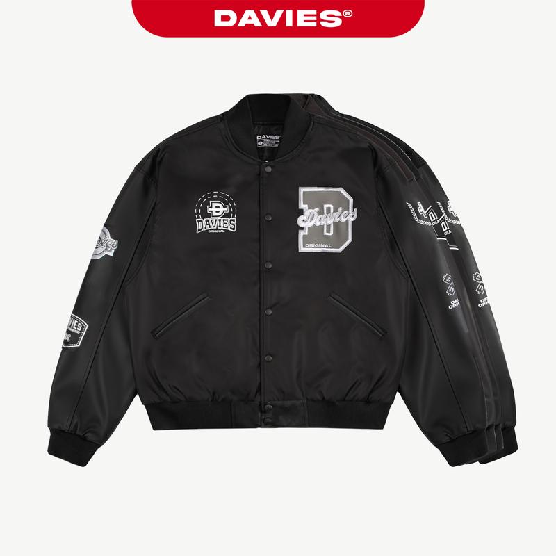  Áo khoác varsity jacket nam nữ màu đen phối tay da đẹp local brand DAVIES 