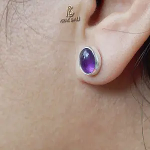 Anting Wanita Batu Kecubung Perak 925 Asli Stud Amethyst Amelia
