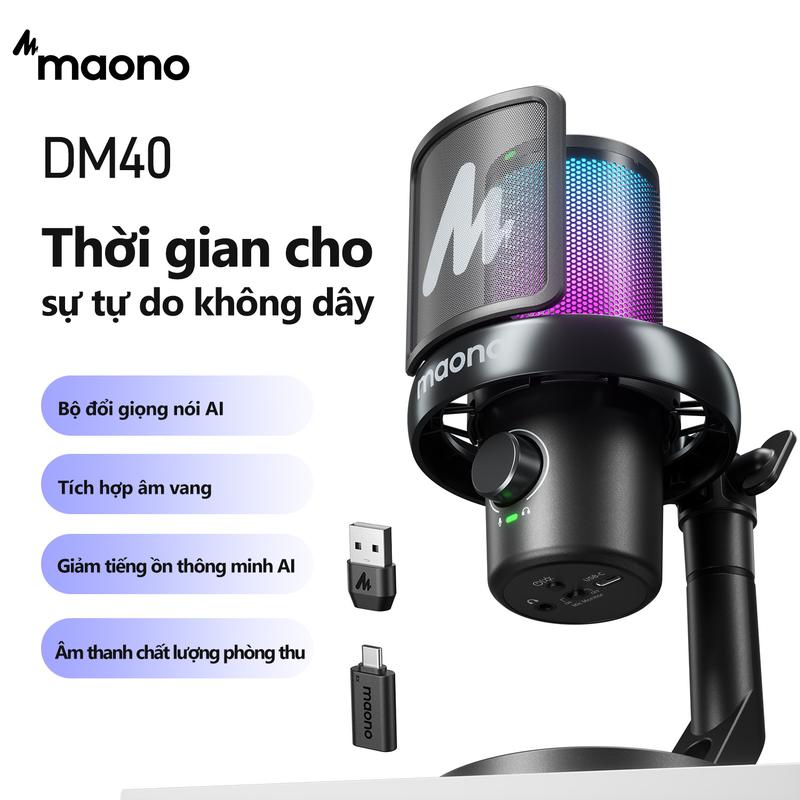 Micro không dây, MAONO DM40, Micro khử tiếng ồn AI, Mic chơi game RGB, với phần…