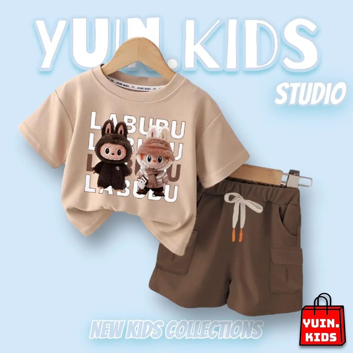 Yuin - Setelan Anak Viral Motif Karakter Labubu Usia 1-5 Tahun Top Fashion Pakaian Anak Unisex Katun Lutut
