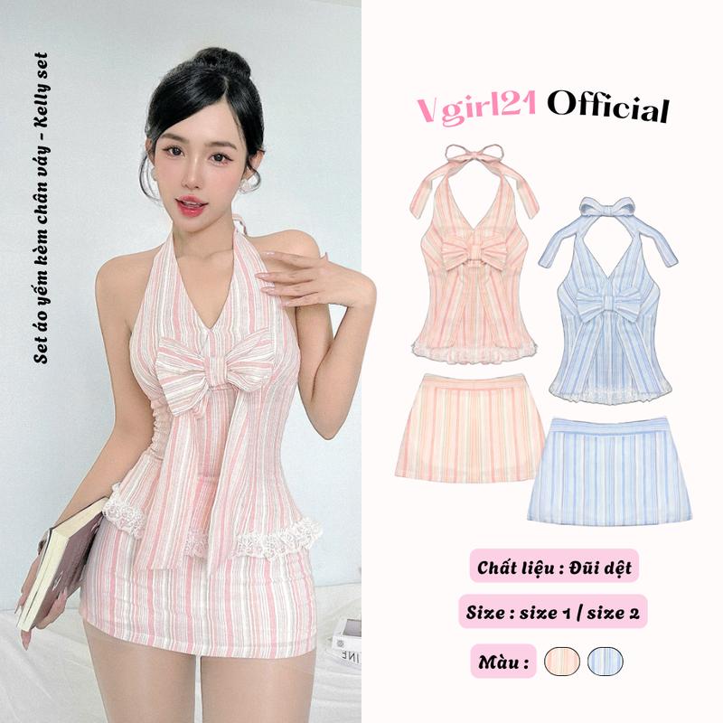Áo Yếm Nơ Lớn Cột Dây Chiết Eo Viền Ren + Chân Váy Mini Cạp Trễ Sọc - Set Đồ Nữ 2 Món VGIRL Kelly Siêu Xinh Hot Trend | Freesize | Chất Đũi Sọc Mát Mẻ | Set Áo Yếm Váy Ngắn Đi Chơi Đi Biển Sống Ảo Hẹn Hò