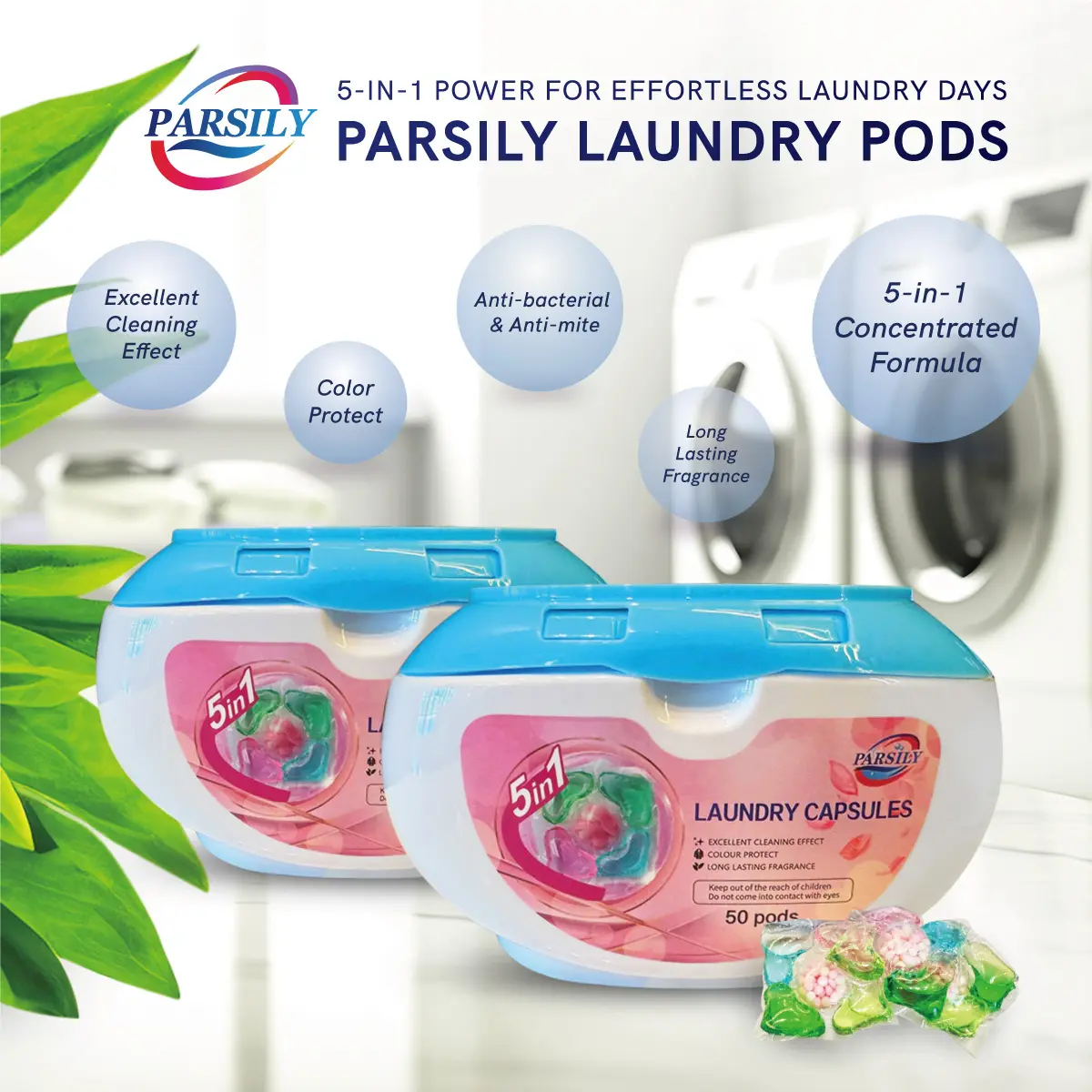 100Pcs PARSILY 5-in-1 Laundry Pods for Convenient and Efficient Cleaning