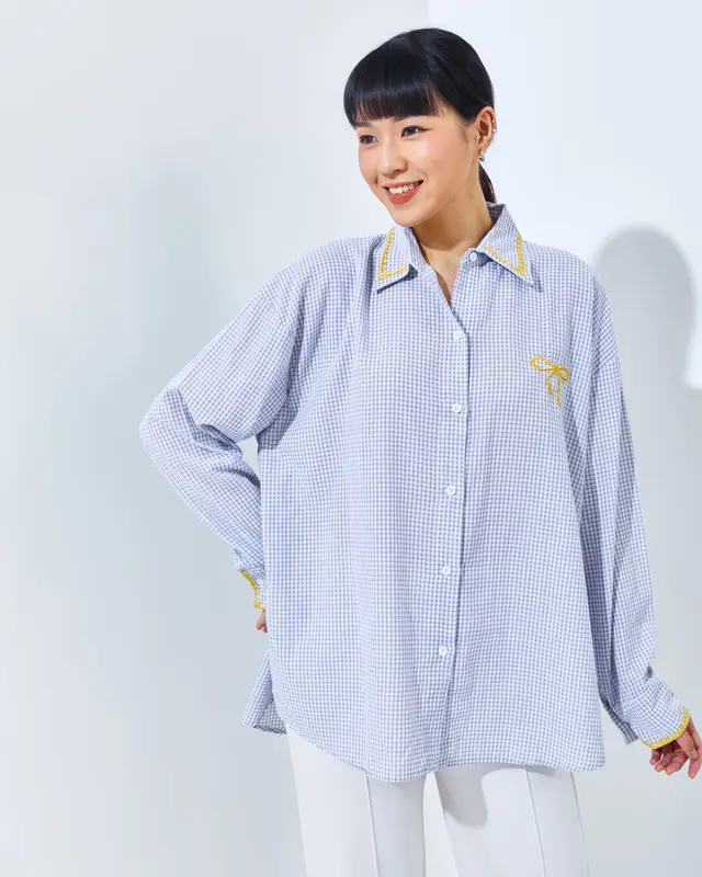 DAC Chara Bow Top | Tartan Shirt Kemeja Kotak Kotak Oversize | Atasan Wanita Lengan Panjang Bordir Pita Pink | Coquette Blouse Jumbo 4