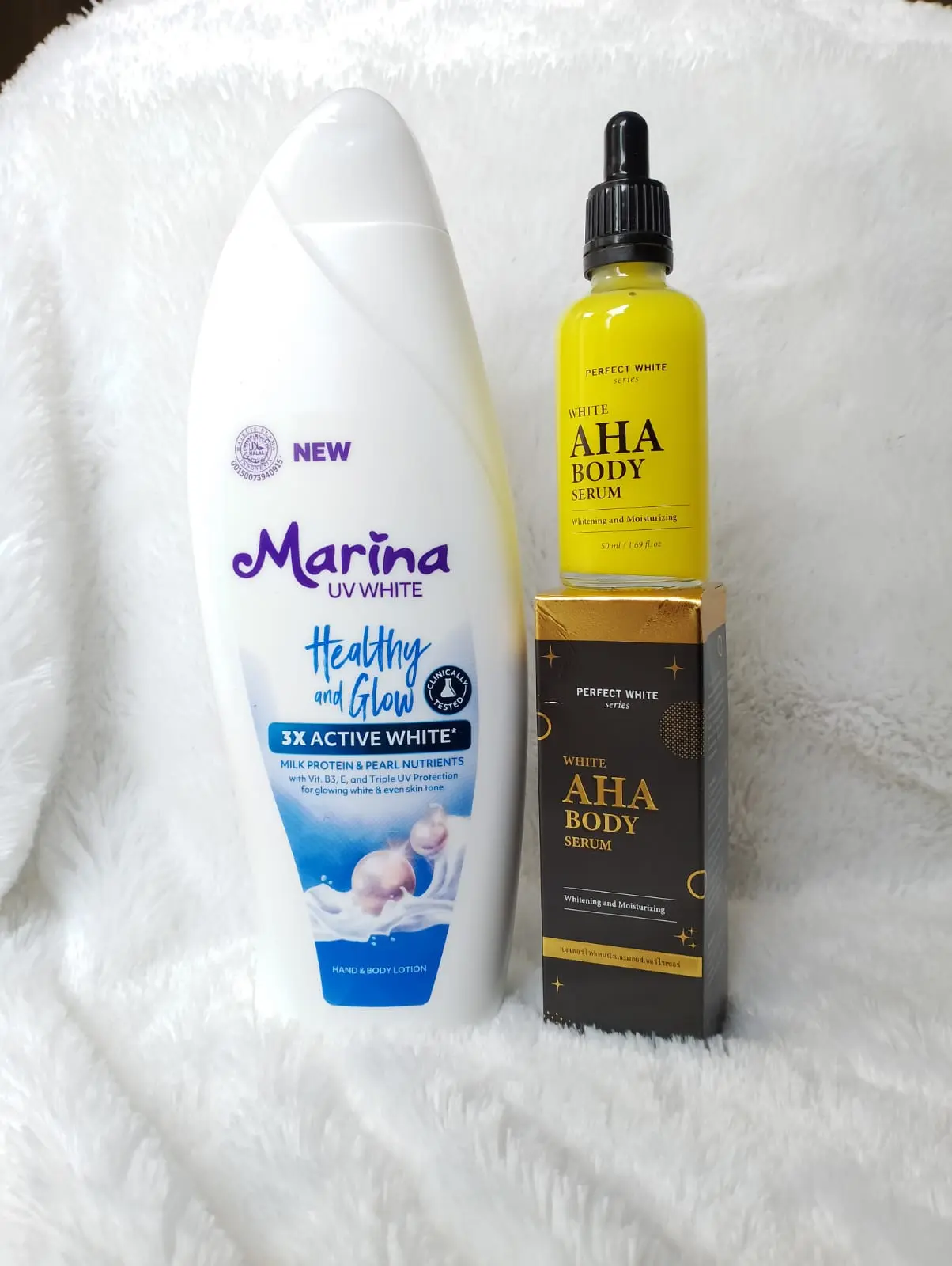 Paket Viral Pemutih Badan BPOM Marina Uv White Healty & Glow 460ML + Perfect White AHA Body Serum 50ML