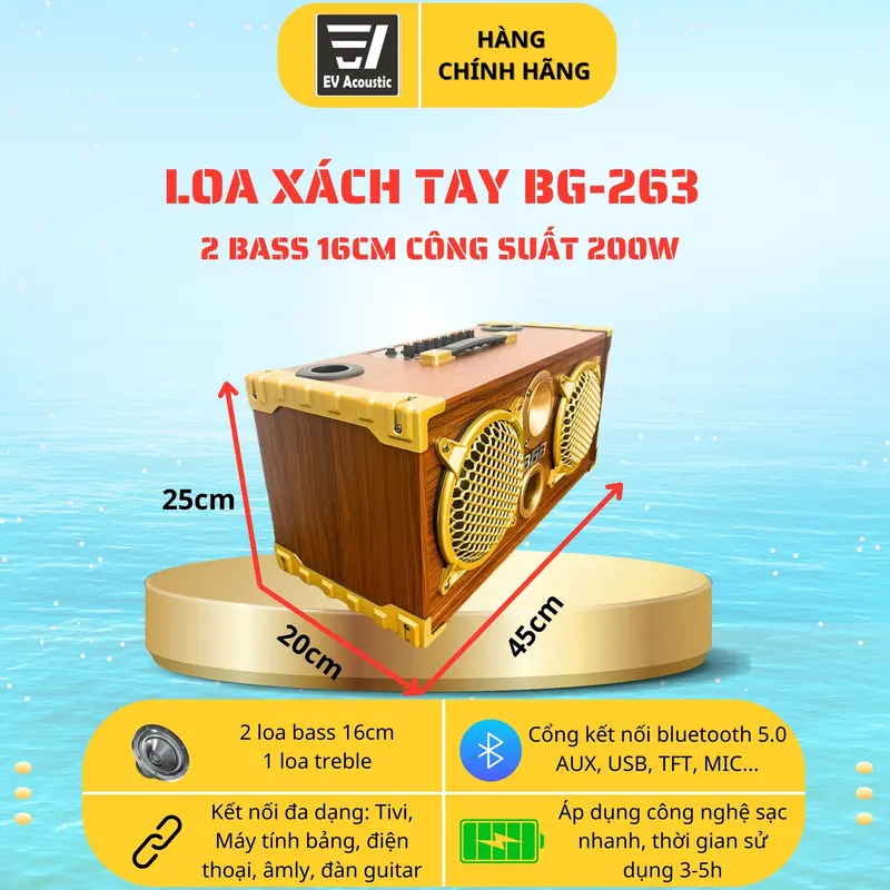 Loa Karaoke Xách Tay BG-263 | Công Suất 200W | 2 Bass 16cm | Bluetooth 5.0 | Micro Không Dây Cao Cấp 1